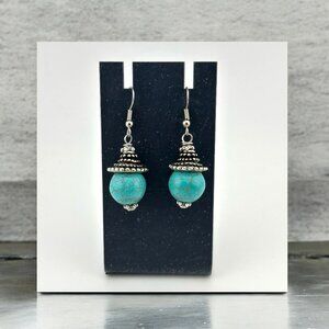 Turquoise Wagnerite Antique Silver Tone Earrings Surgical Steel Hooks